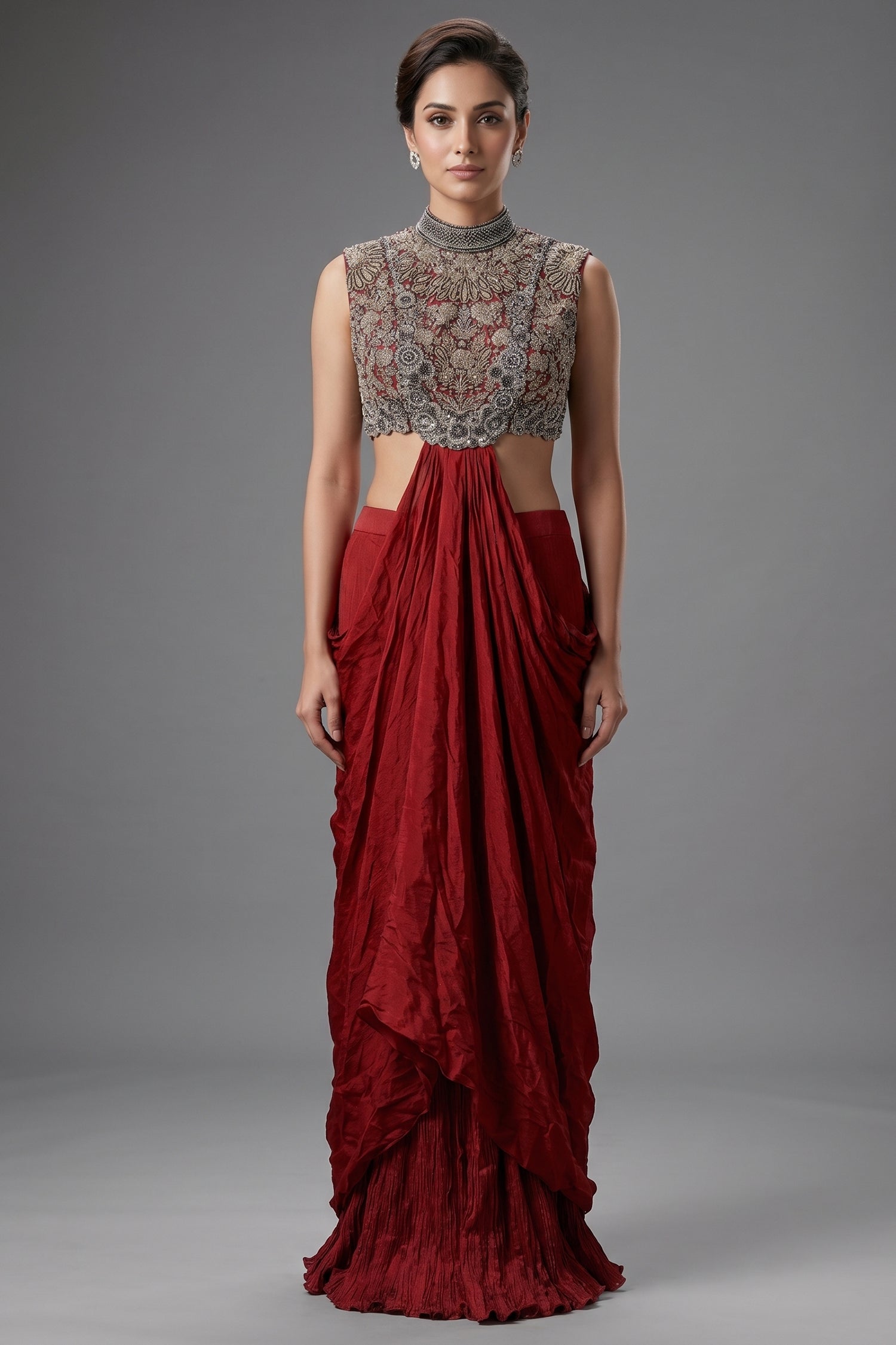 Oxblood Maroon Chinon Silk Draped Indo-Western Dress featuring Cutdana & Crystal Bodice Main image