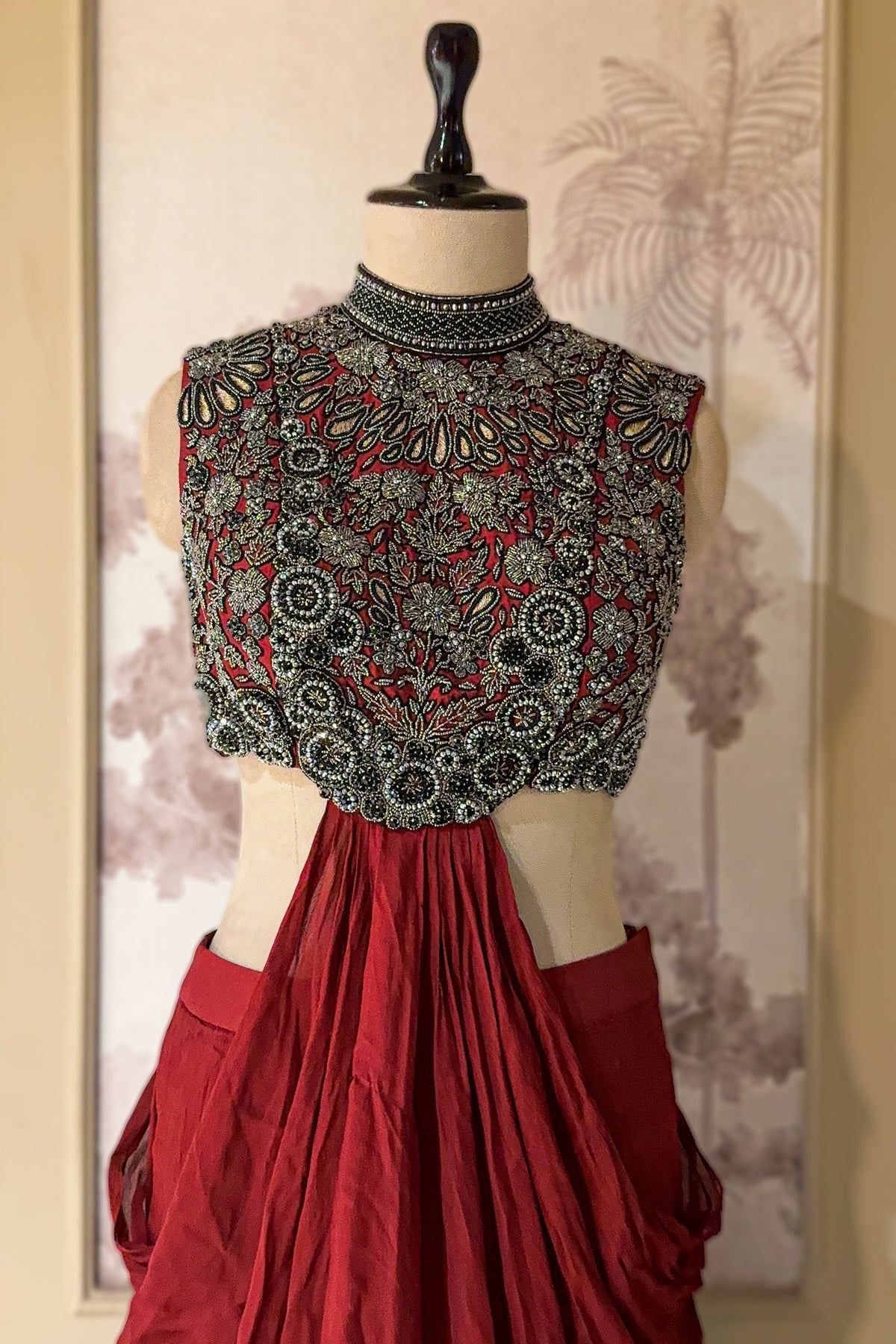 Oxblood Maroon Chinon Silk Draped Indo-Western Dress featuring Cutdana & Crystal Bodice