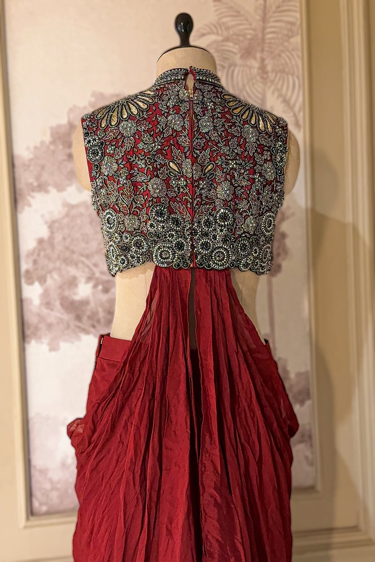 Oxblood Maroon Chinon Silk Draped Indo-Western Dress featuring Cutdana & Crystal Bodice