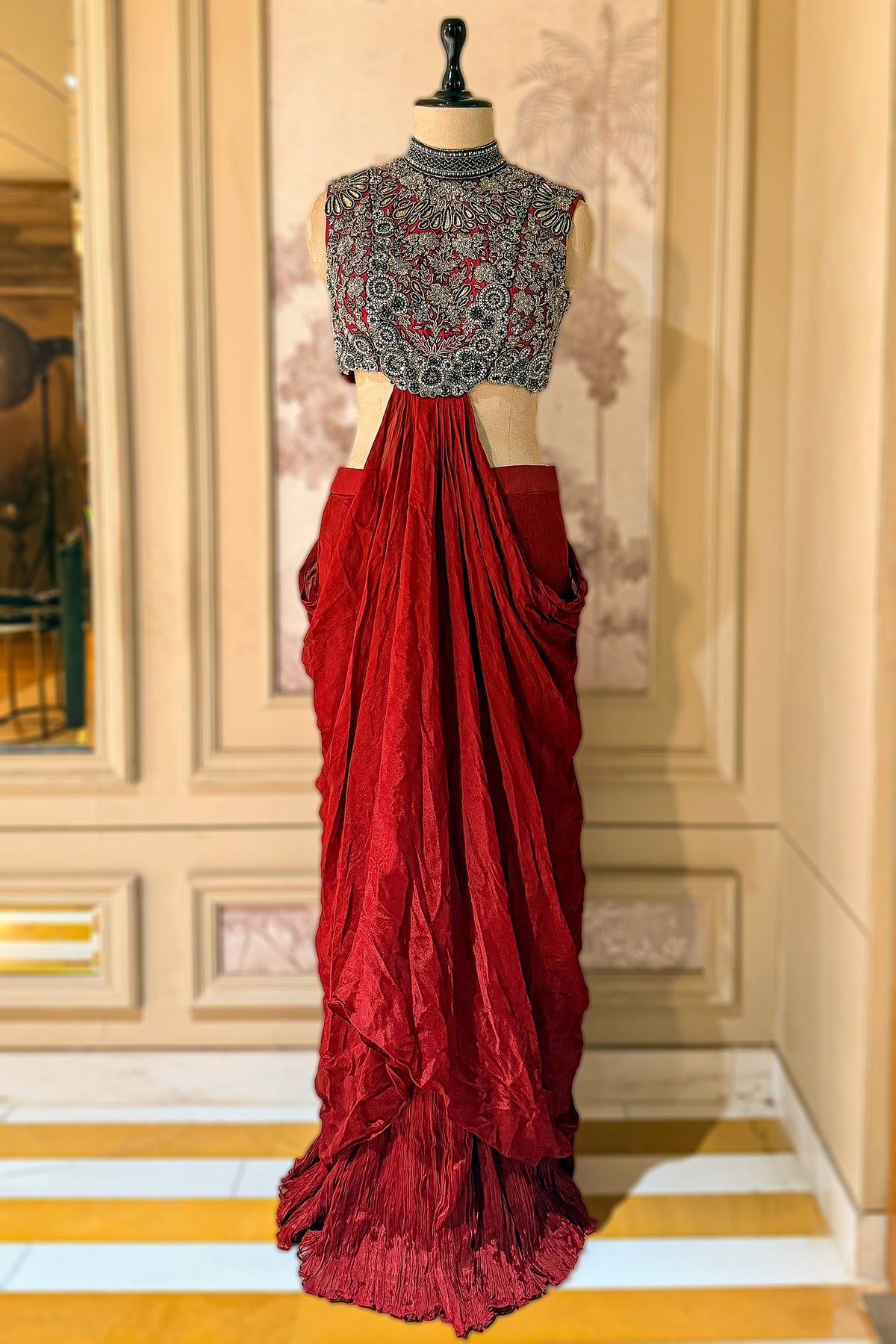 Oxblood Maroon Chinon Silk Draped Indo-Western Dress featuring Cutdana & Crystal Bodice