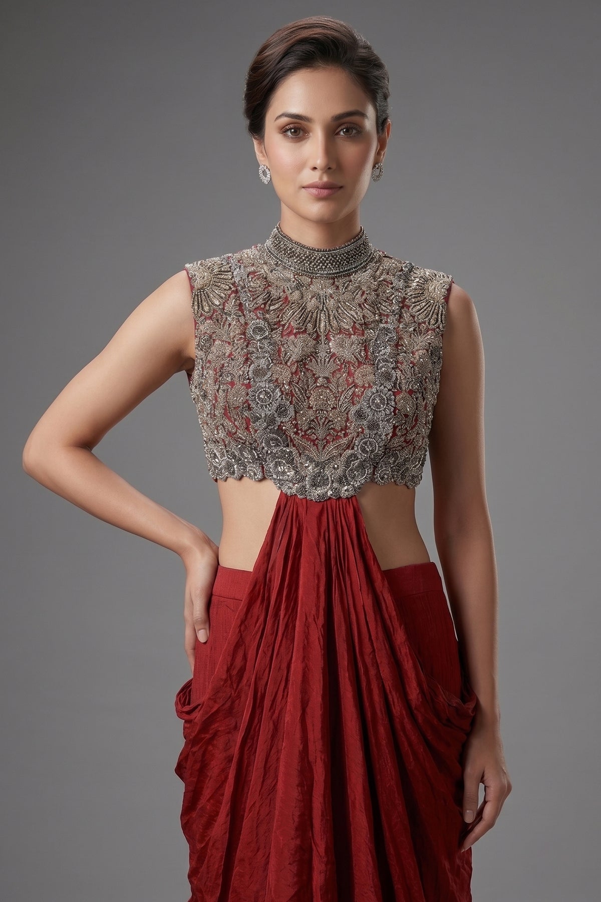 Oxblood Maroon Chinon Silk Draped Indo-Western Dress featuring Cutdana & Crystal Bodice