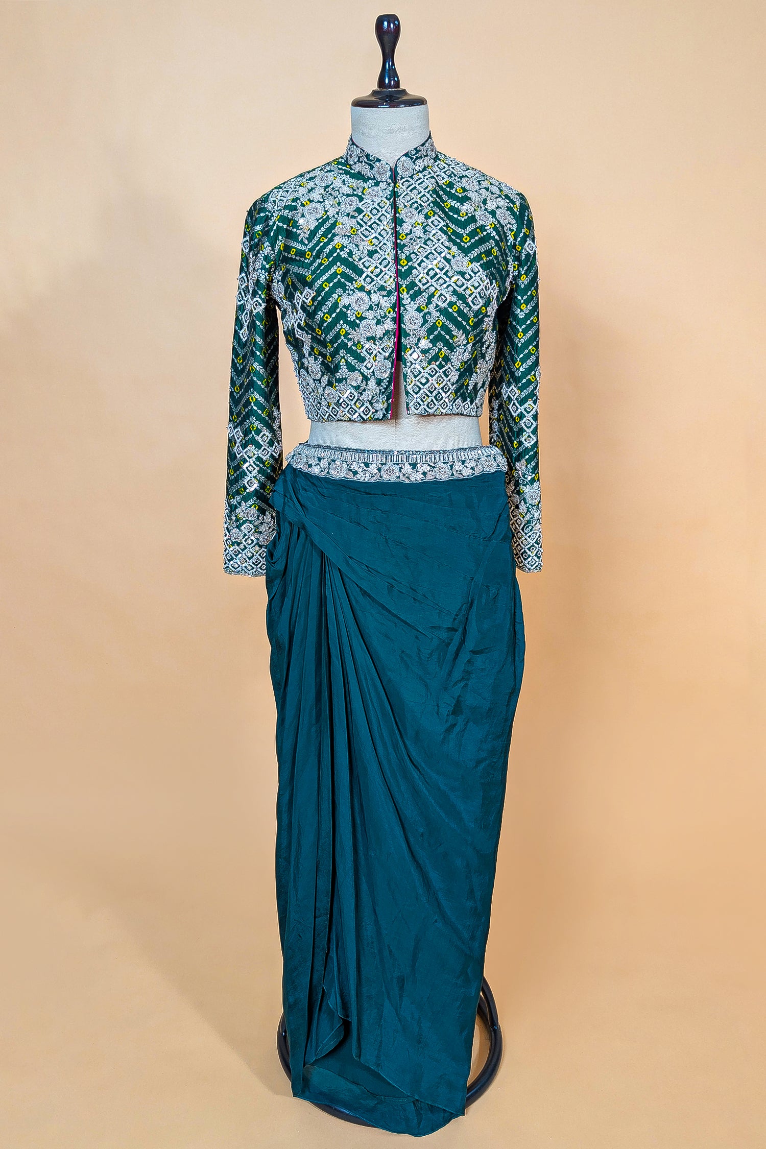 Asymmetrical One-Shoulder Tunic Set in Grey Crepe Silk featuring Pink Tie-Dye Hem and Cutdana Zardosi