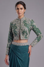 Asymmetrical One-Shoulder Tunic Set in Grey Crepe Silk featuring Pink Tie-Dye Hem and Cutdana Zardosi