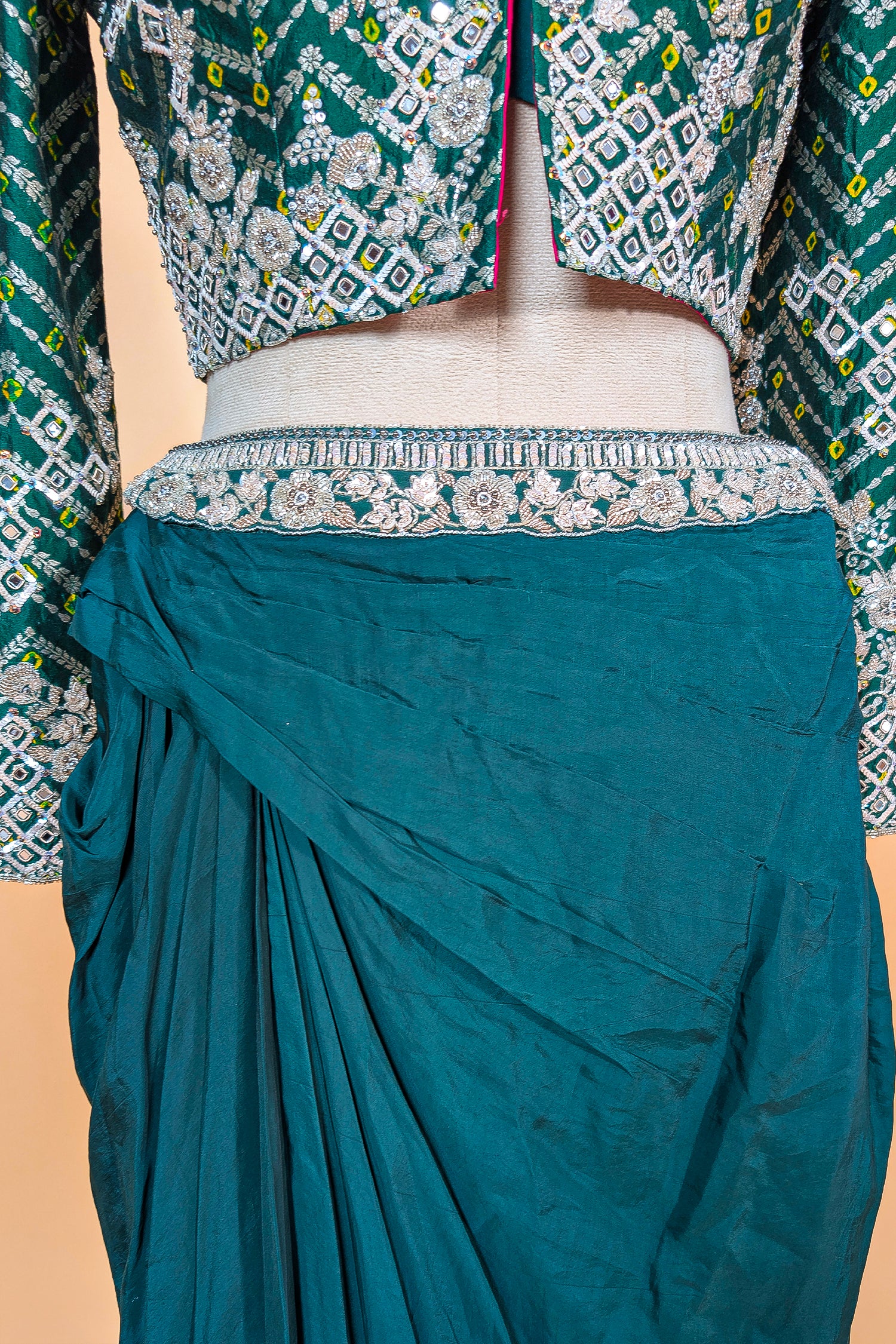 Asymmetrical One-Shoulder Tunic Set in Grey Crepe Silk featuring Pink Tie-Dye Hem and Cutdana Zardosi