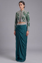 Asymmetrical One-Shoulder Tunic Set in Grey Crepe Silk featuring Pink Tie-Dye Hem and Cutdana Zardosi
