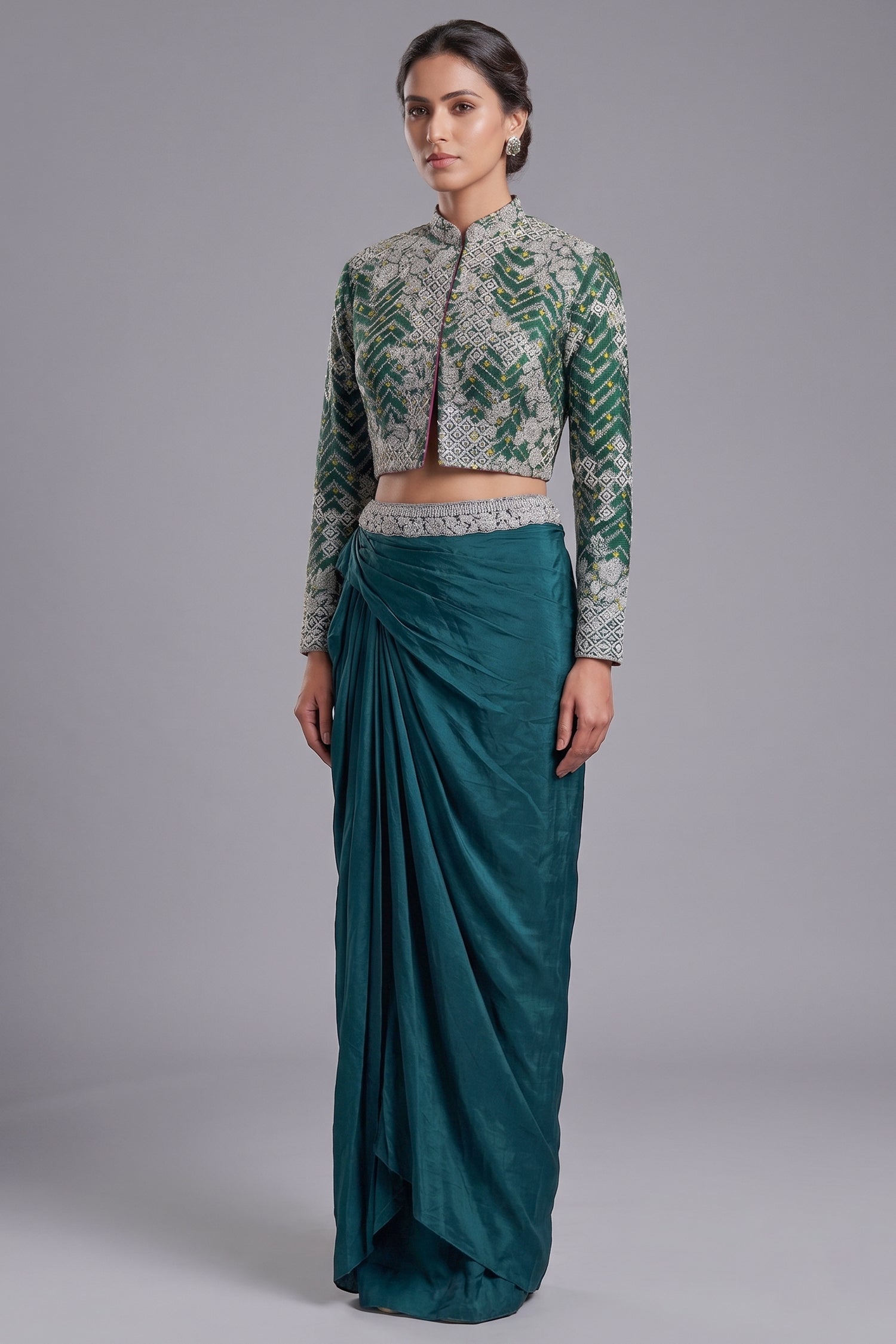 Asymmetrical One-Shoulder Tunic Set in Grey Crepe Silk featuring Pink Tie-Dye Hem and Cutdana Zardosi