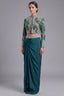 Bottle Green Crepe Silk Pre-Draped Cowl Skirt Set with Hand-Embellished Bandhani Weave Jacket Blouse