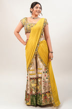 Canary Yellow Hand-Embellished Crop Top with Patchwork Brocade Palazzo and Pre-Stitched Drape