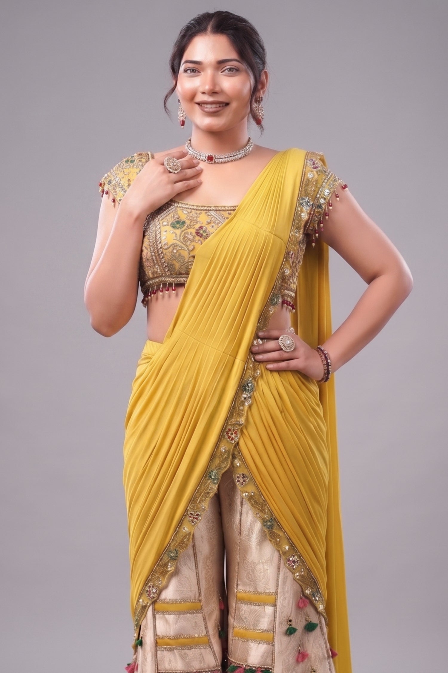 Canary Yellow Hand-Embellished Crop Top with Patchwork Brocade Palazzo and Pre-Stitched Drape Secondary image