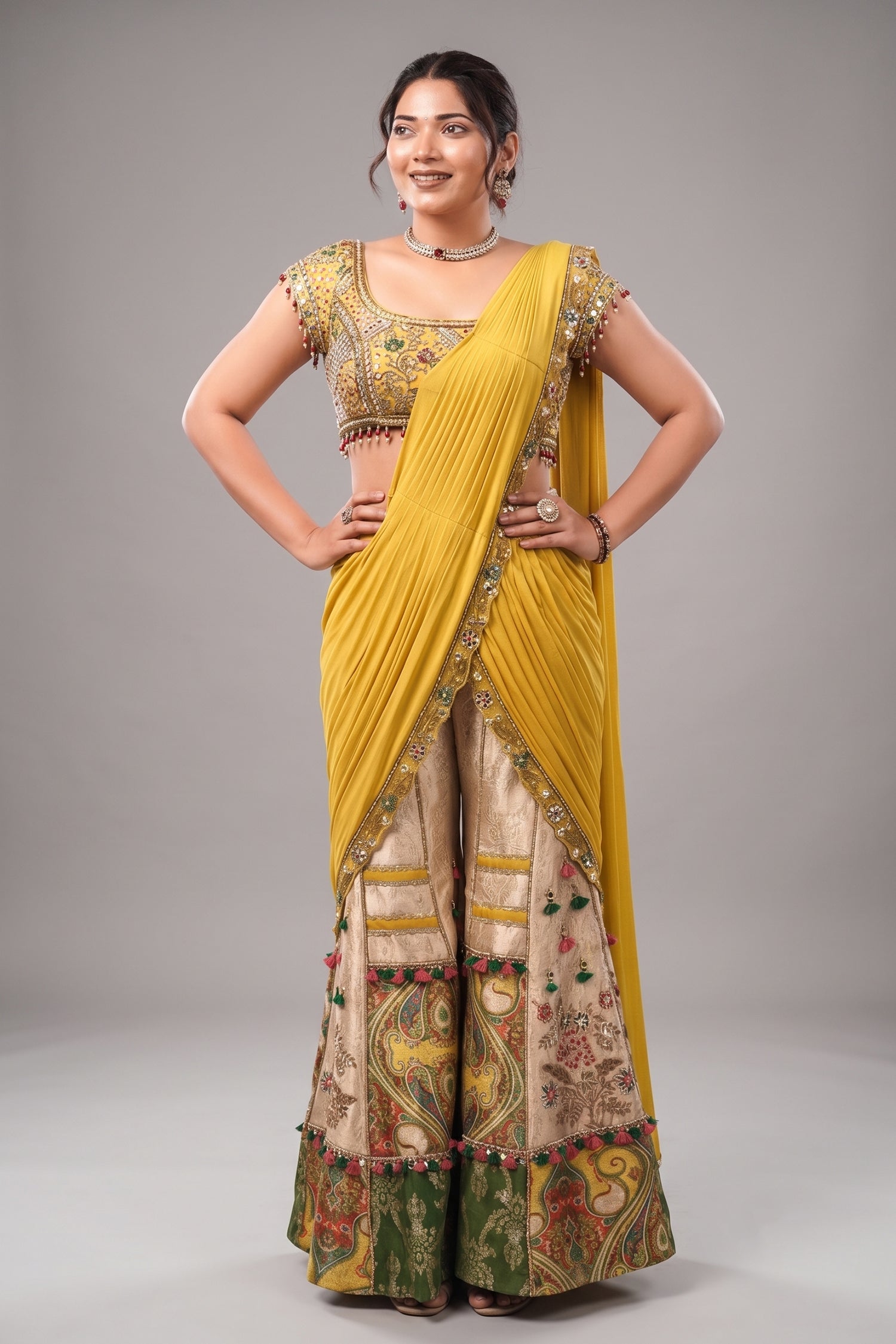 Canary Yellow Hand-Embellished Crop Top with Patchwork Brocade Palazzo and Pre-Stitched Drape Main image
