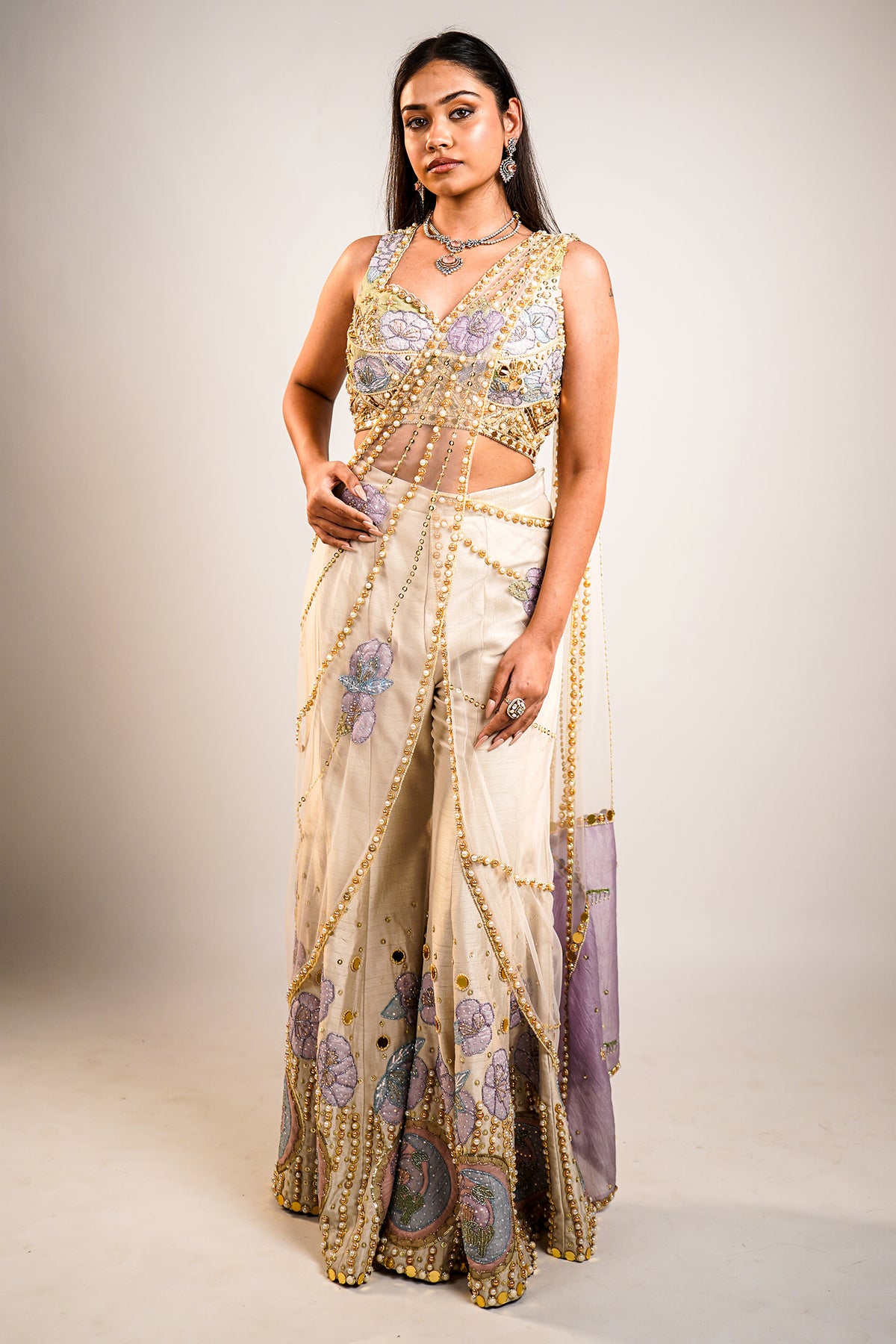 Ivory Raw Silk Hand-Embellished Fusion Set with Tonal Cutdana Borders and Applique Patchwork