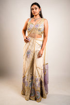 Ivory Raw Silk Hand-Embellished Fusion Set with Tonal Cutdana Borders and Applique Patchwork