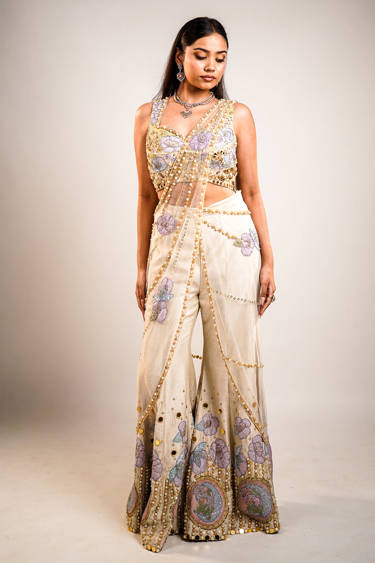Ivory Raw Silk Hand-Embellished Fusion Set with Tonal Cutdana Borders and Applique Patchwork