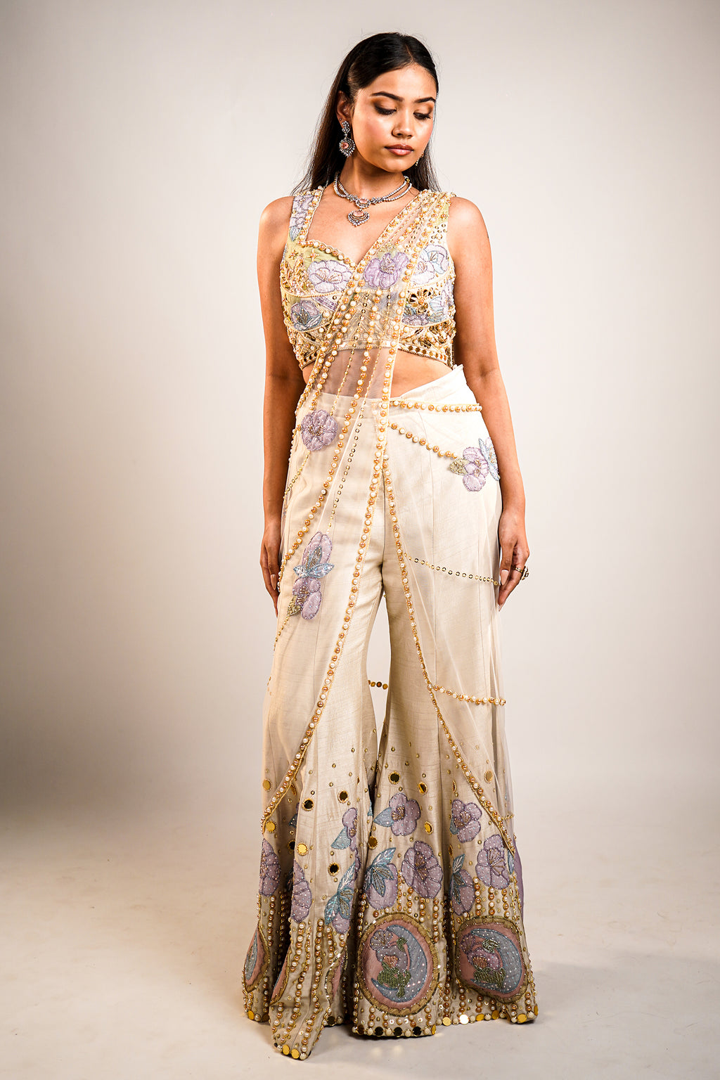 Ivory Raw Silk Hand-Embellished Fusion Set with Tonal Cutdana Borders and Applique Patchwork