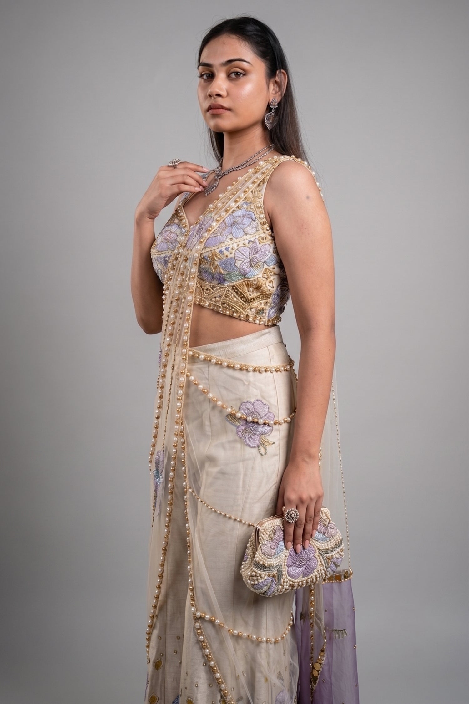 Ivory Raw Silk Hand-Embellished Fusion Set with Tonal Cutdana Borders and Applique Patchwork Secondary image