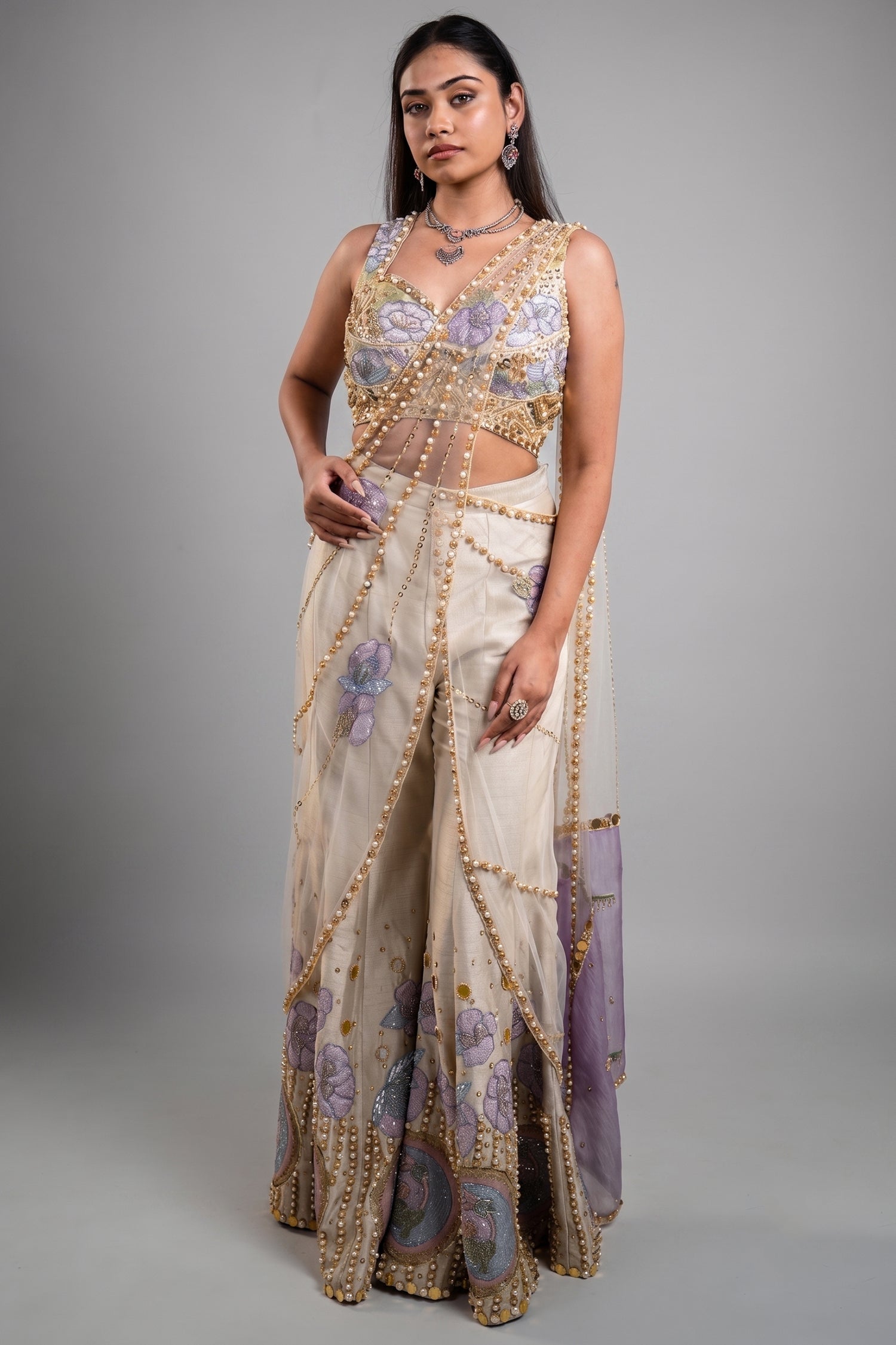 Ivory Raw Silk Hand-Embellished Fusion Set with Tonal Cutdana Borders and Applique Patchwork Main image
