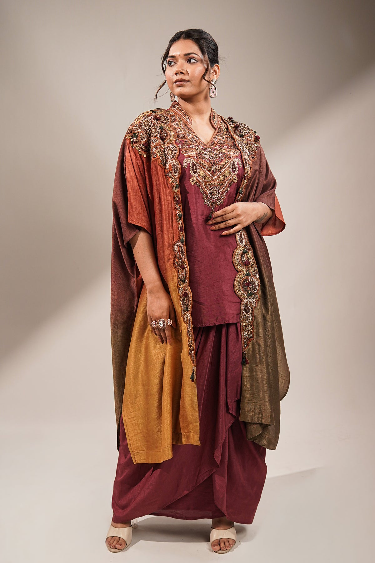 Imperial Maroon Silk Co-ord Set with Multi-Tonal Hand-Embroidered Cape Jacket