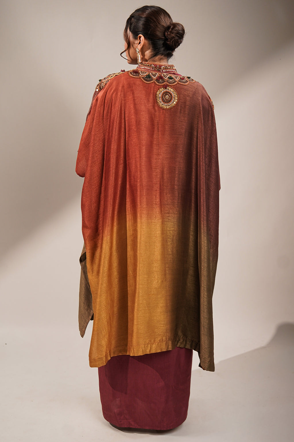 Imperial Maroon Silk Co-ord Set with Multi-Tonal Hand-Embroidered Cape Jacket