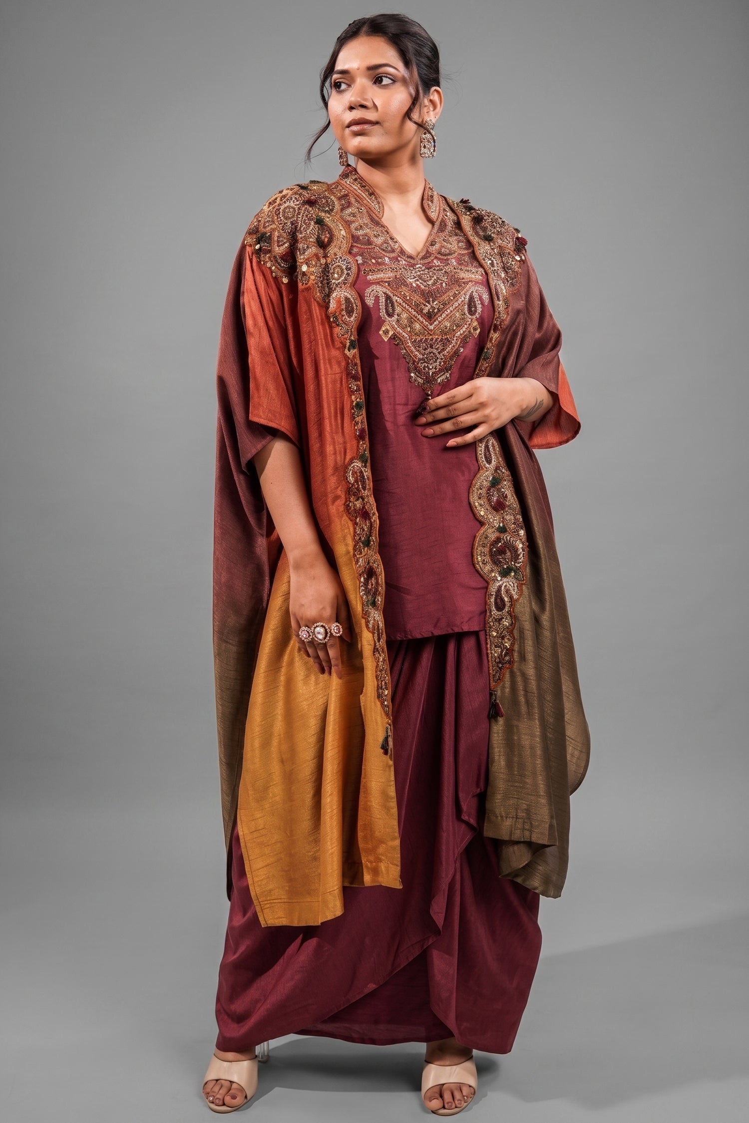 Imperial Maroon Silk Co-ord Set with Multi-Tonal Hand-Embroidered Cape Jacket Main image