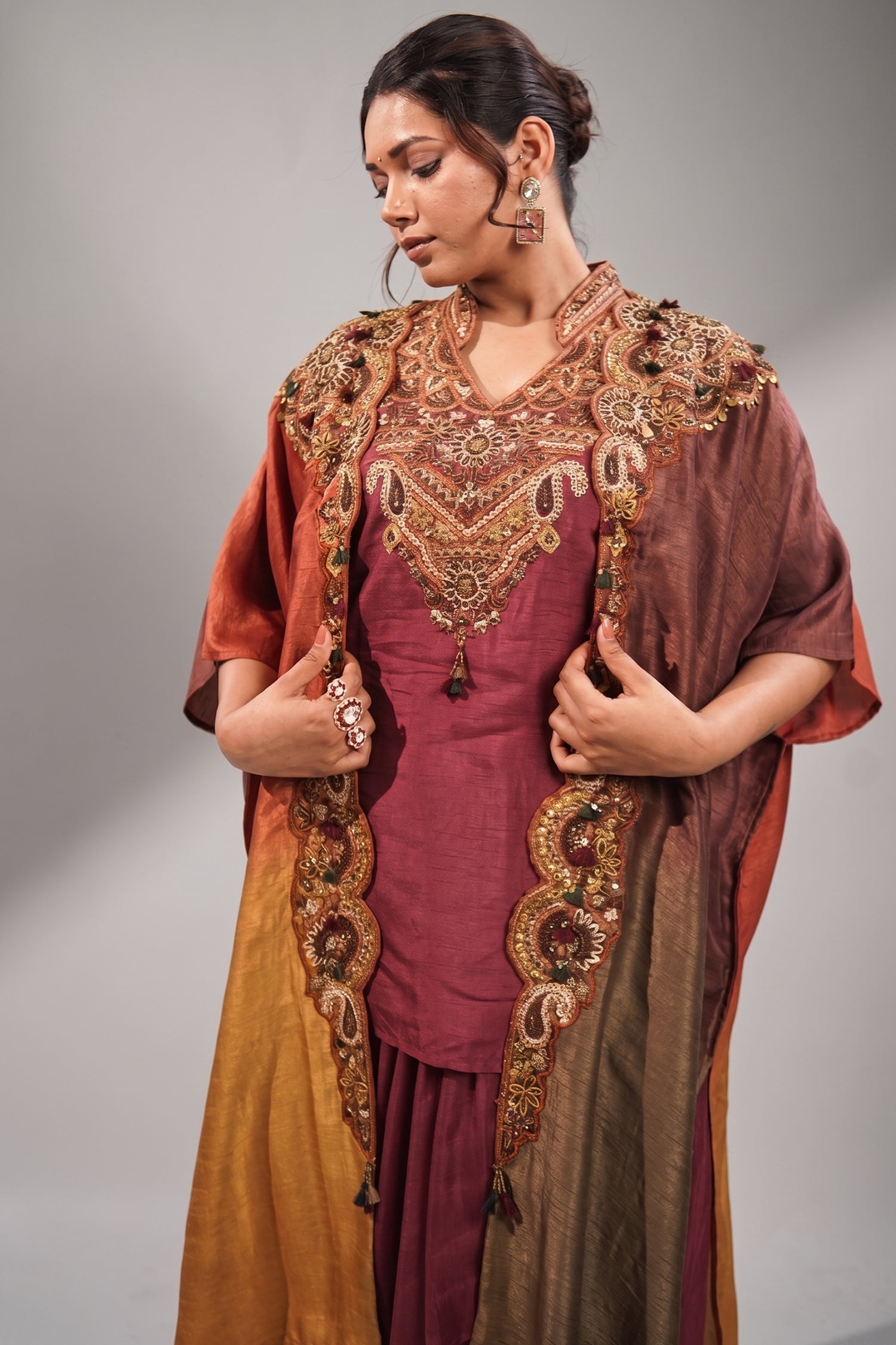 Imperial Maroon Silk Co-ord Set with Multi-Tonal Hand-Embroidered Cape Jacket Secondary image
