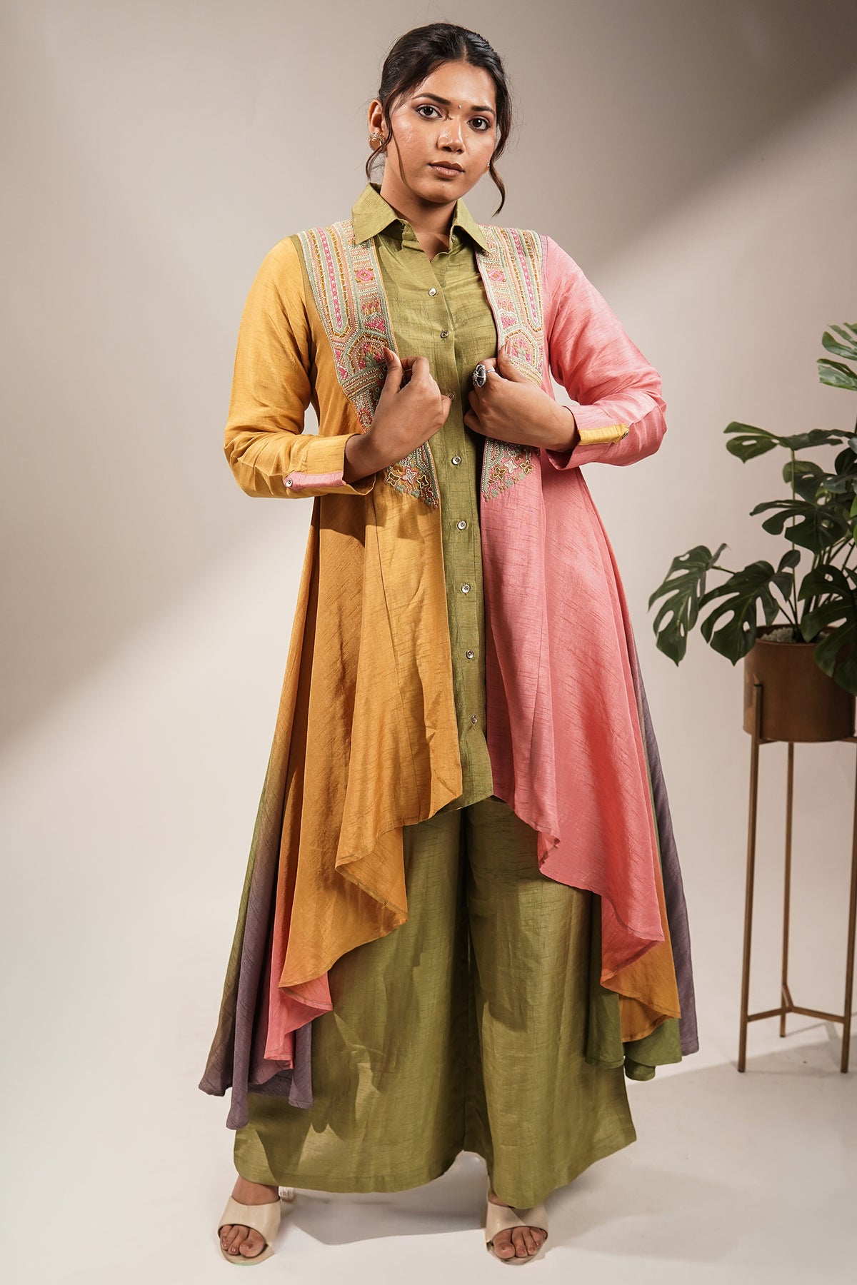 Sage Green Silk Co-ord Set with Multi-Tonal Geometric Embroidered Long Line Cape