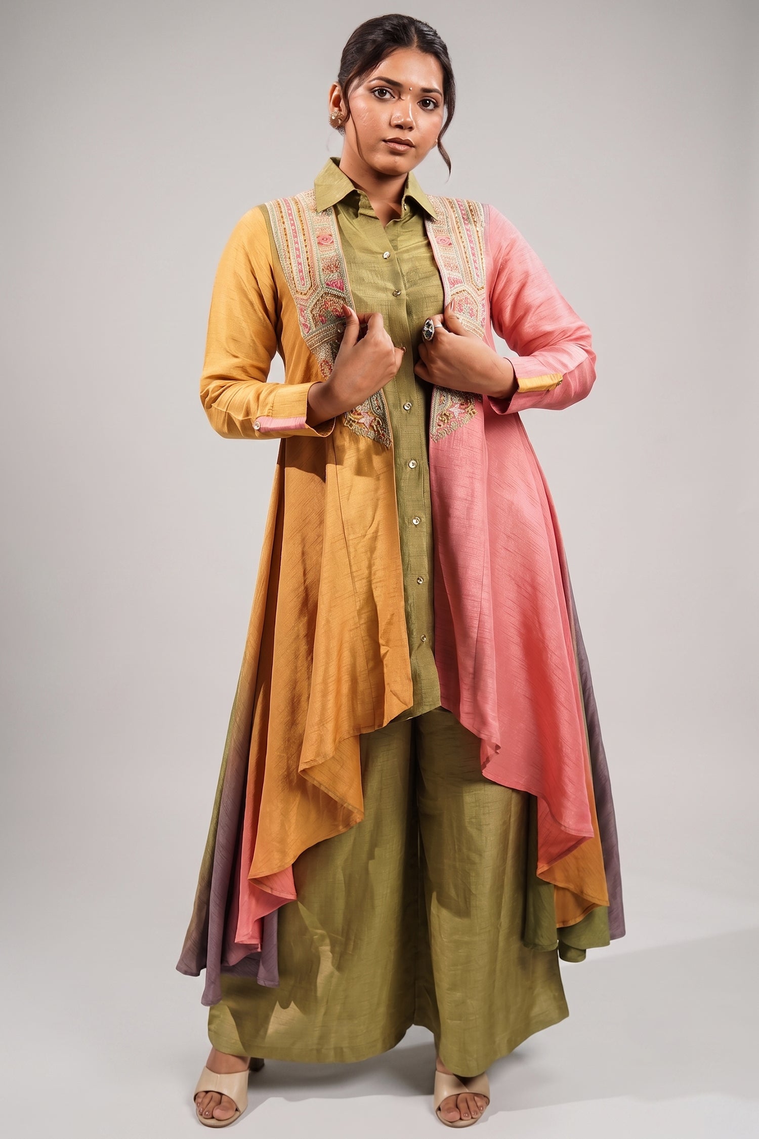 Sage Green Silk Co-ord Set with Multi-Tonal Geometric Embroidered Long Line Cape Main image