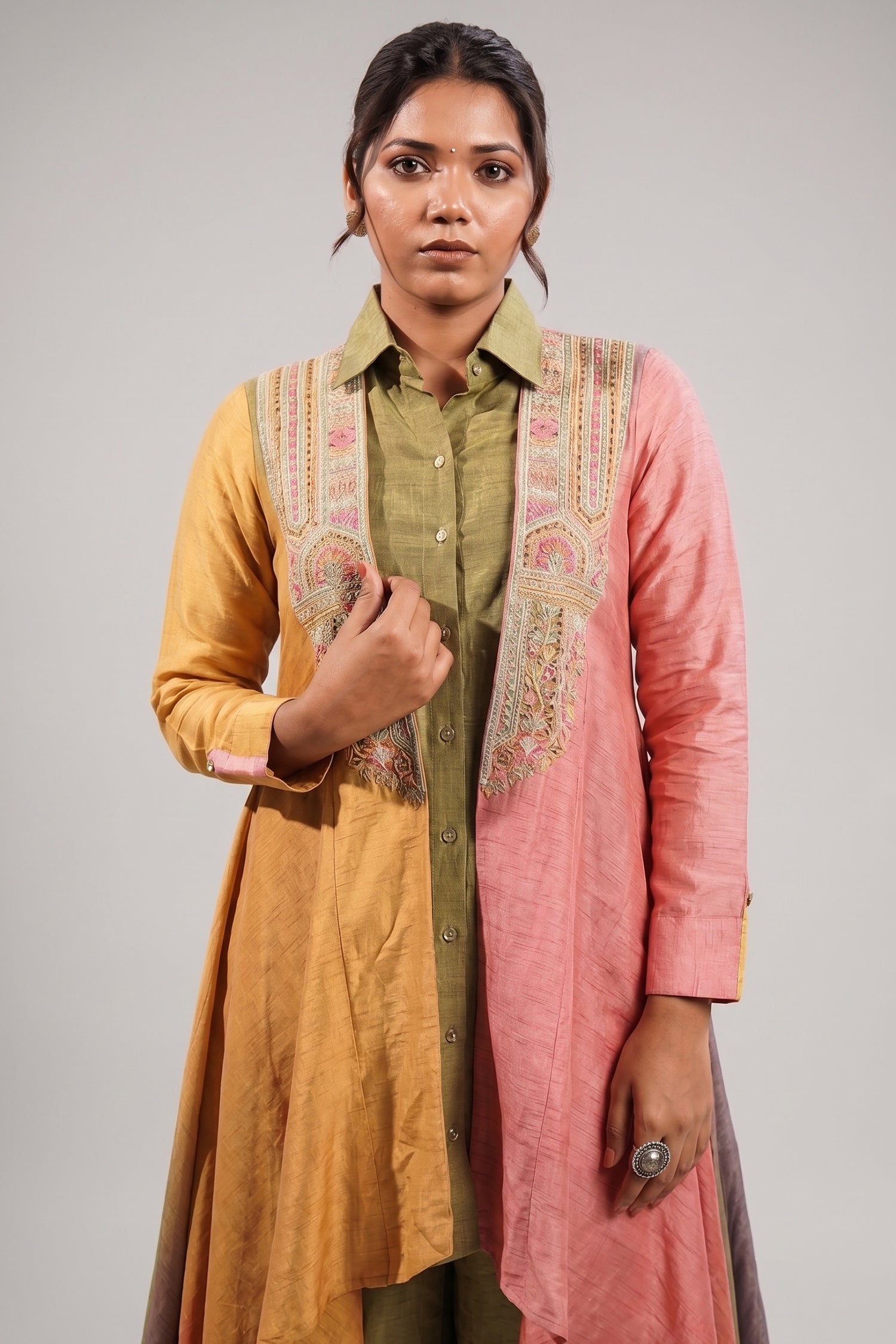 Sage Green Silk Co-ord Set with Multi-Tonal Geometric Embroidered Long Line Cape Secondary image