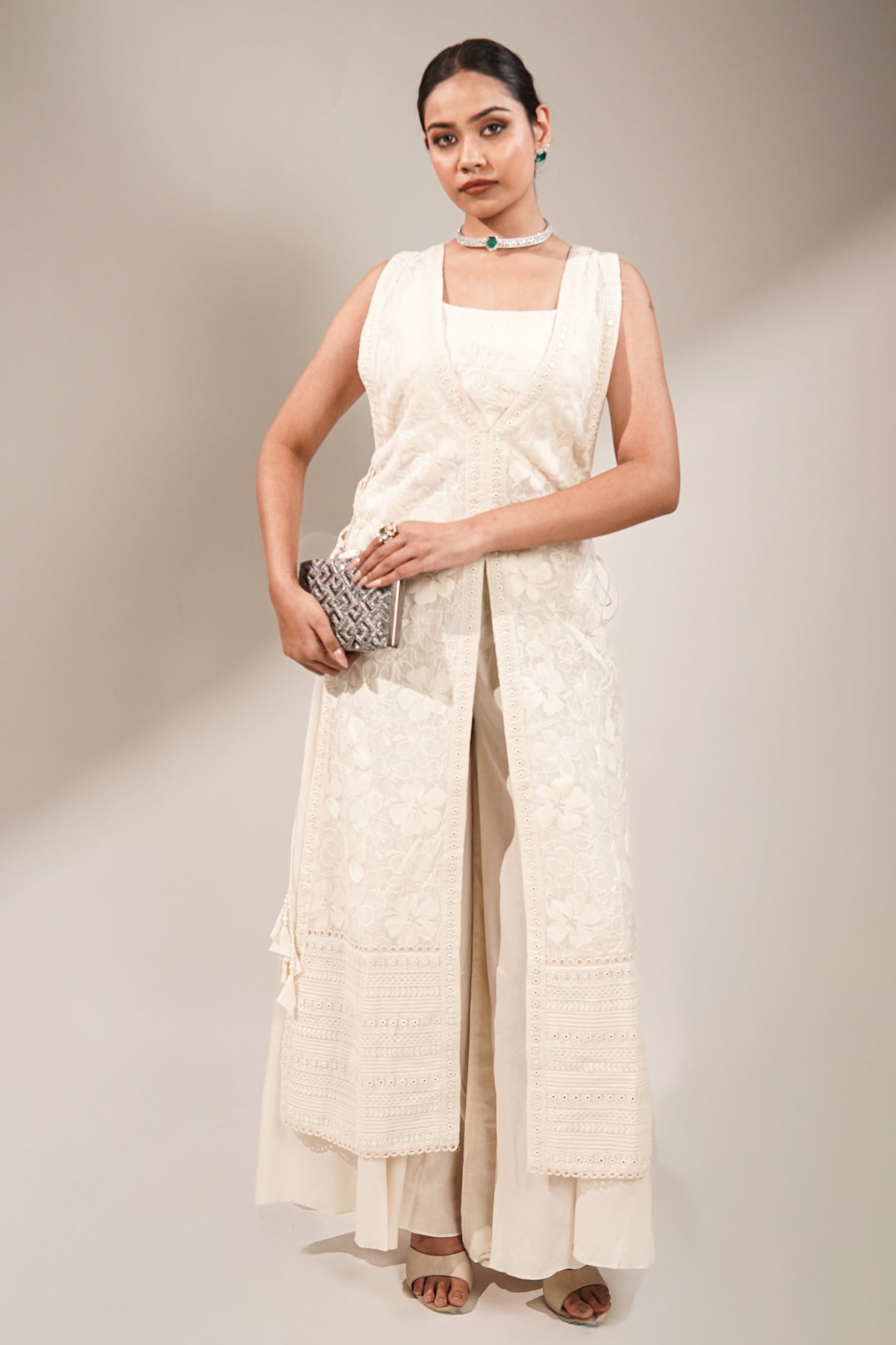 Pristine White Premium Cotton Fusion Set Featuring Handcrafted Chikankari