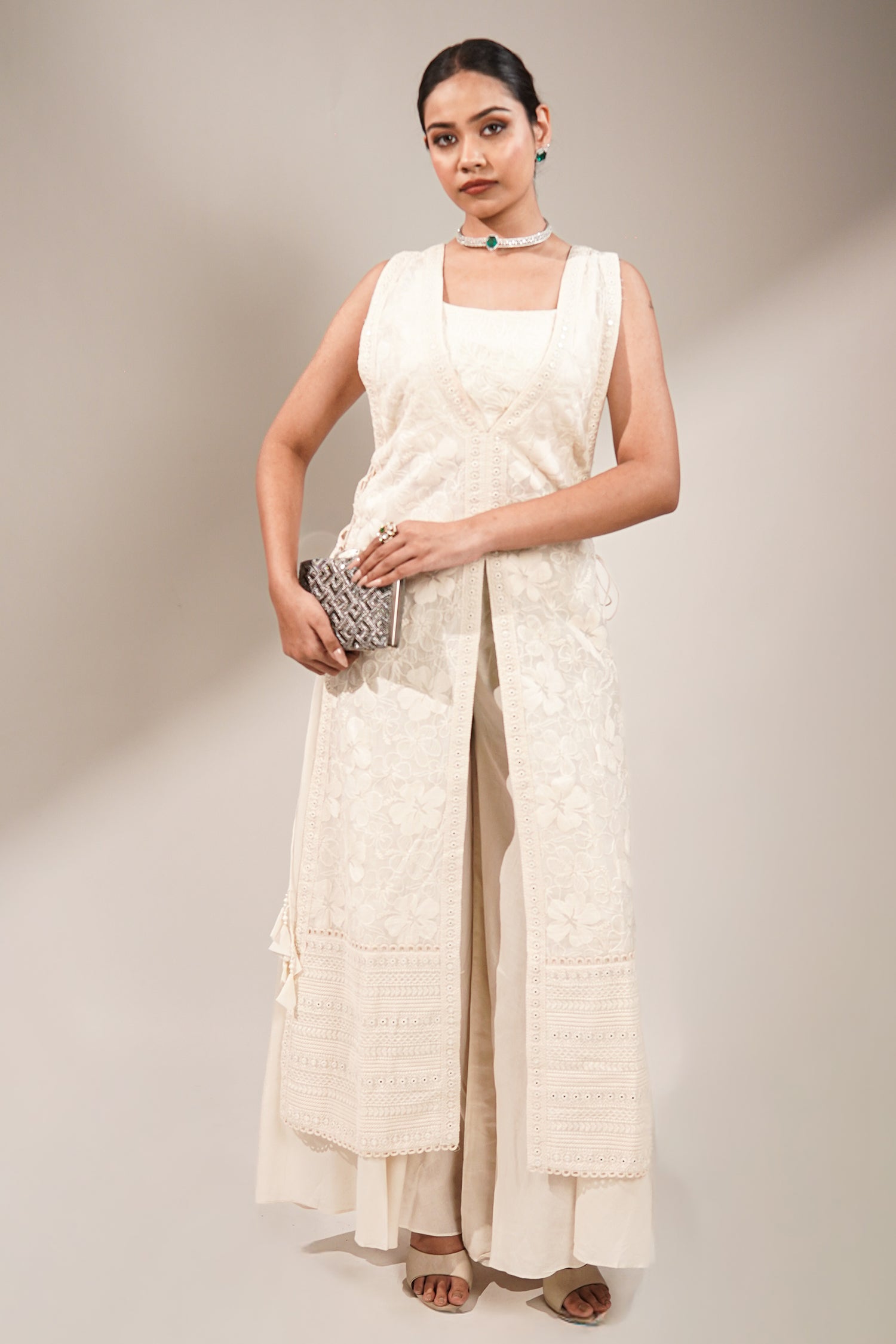Pristine White Premium Cotton Fusion Set Featuring Handcrafted Chikankari