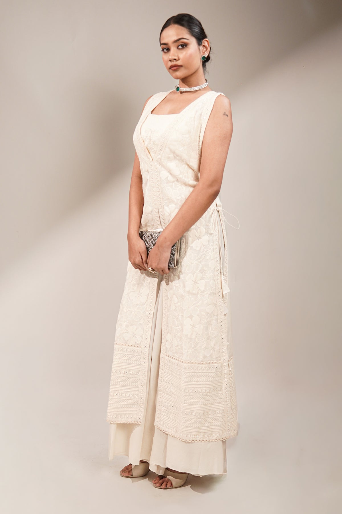 Pristine White Premium Cotton Fusion Set Featuring Handcrafted Chikankari