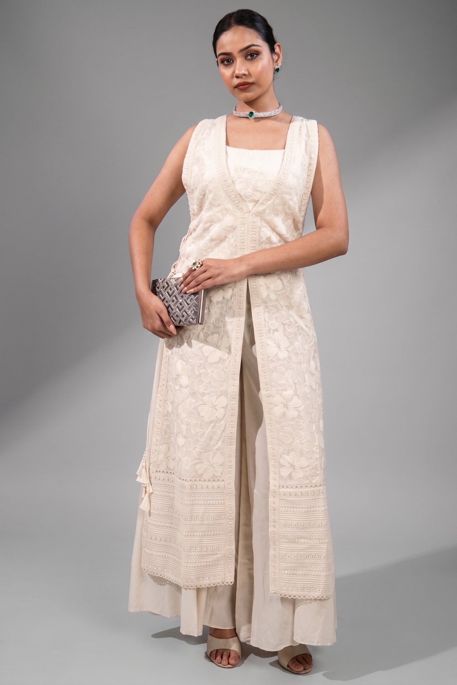 Pristine White Premium Cotton Fusion Set Featuring Handcrafted Chikankari Main image