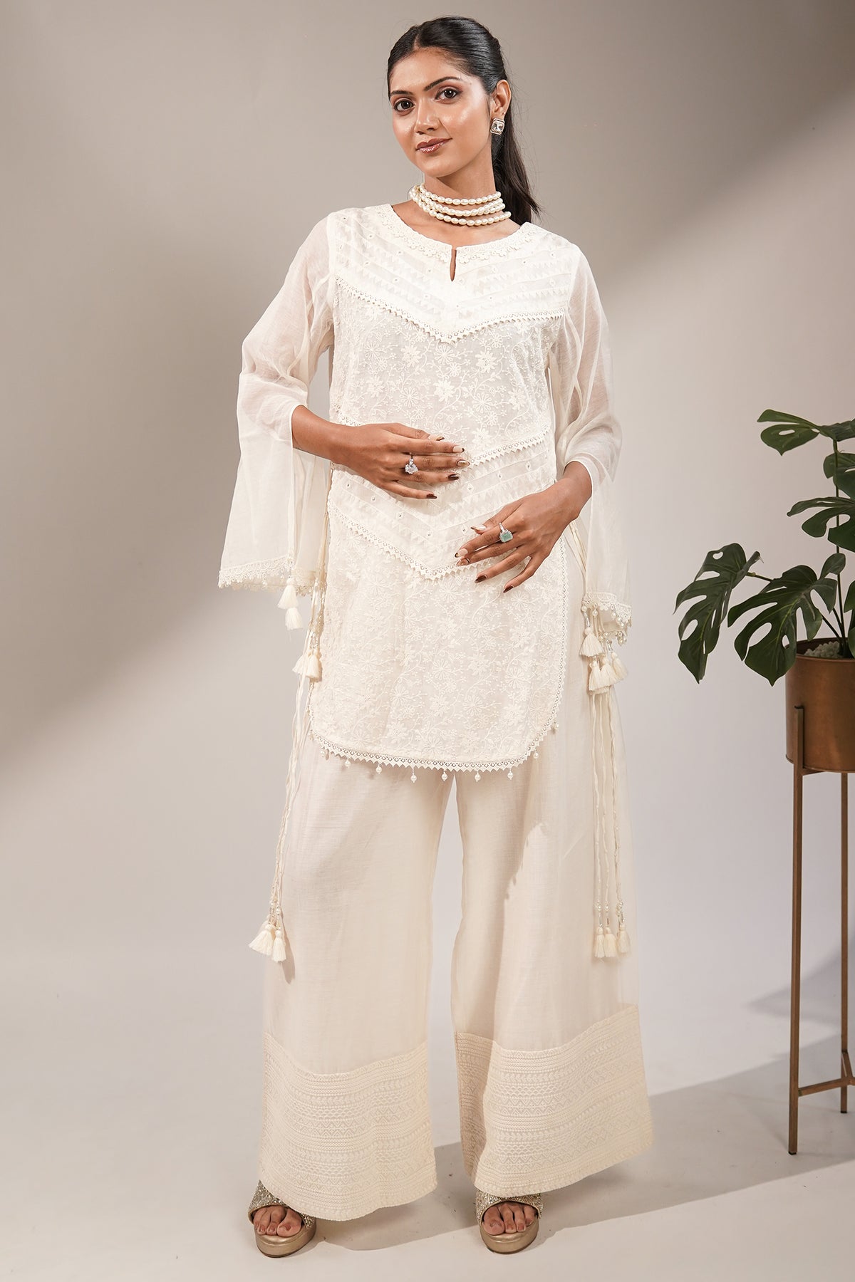 Classic White Handcrafted Chikankari Cotton Co-ord Set with Sheer Bell Sleeves and Tassel Accents