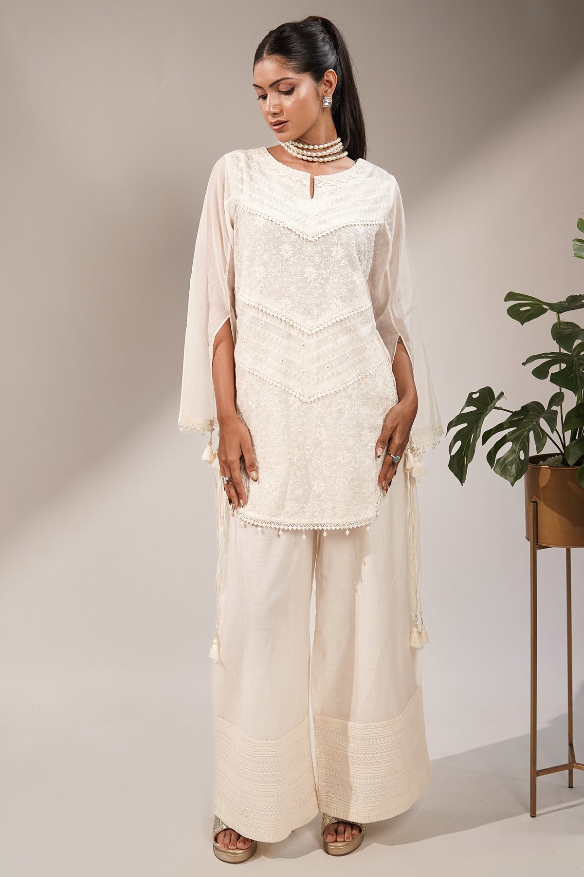 Classic White Handcrafted Chikankari Cotton Co-ord Set with Sheer Bell Sleeves and Tassel Accents