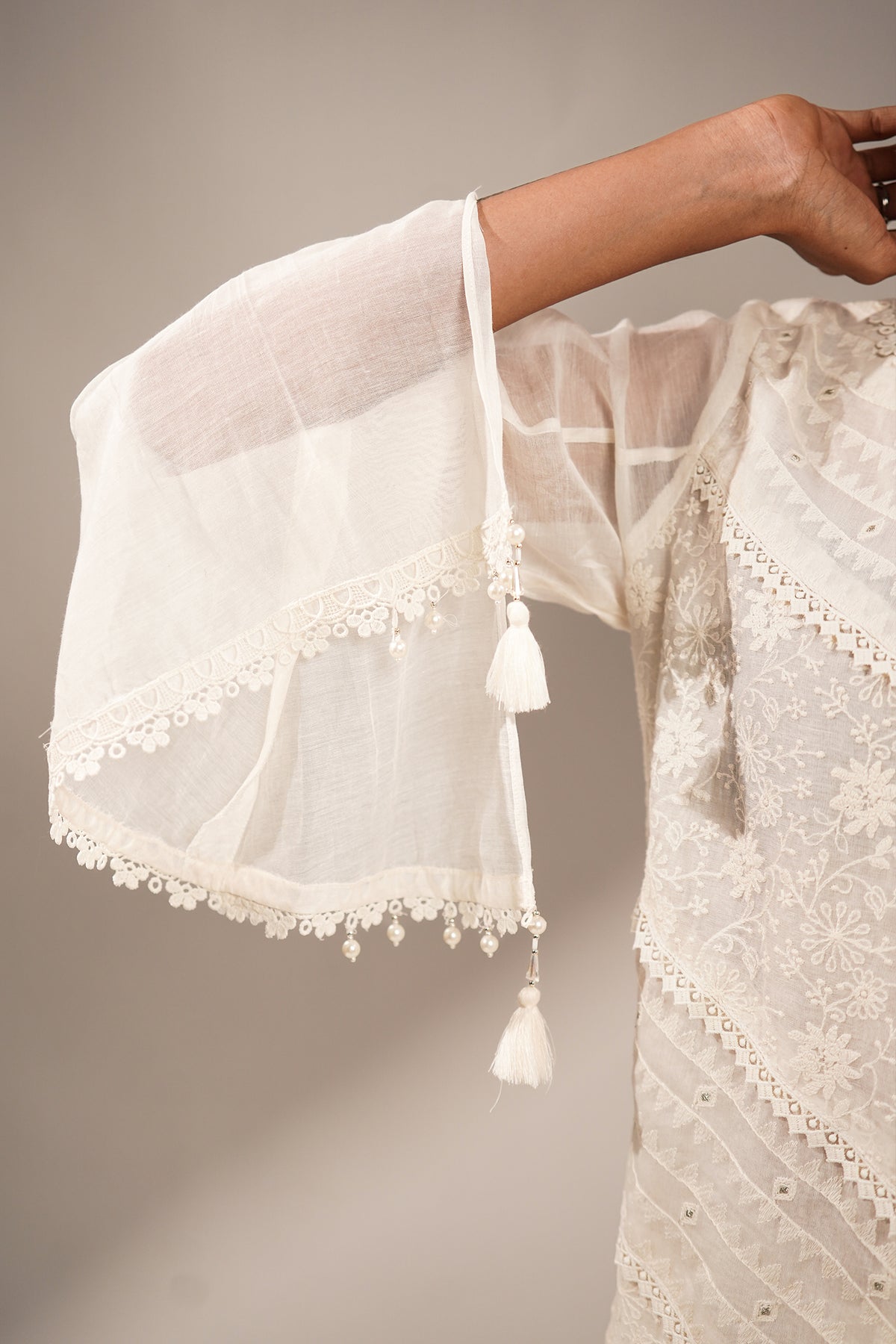 Classic White Handcrafted Chikankari Cotton Co-ord Set with Sheer Bell Sleeves and Tassel Accents