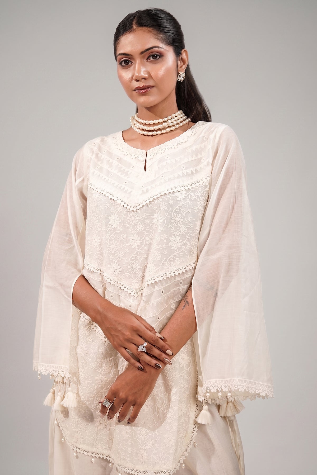 Classic White Handcrafted Chikankari Cotton Co-ord Set with Sheer Bell Sleeves and Tassel Accents