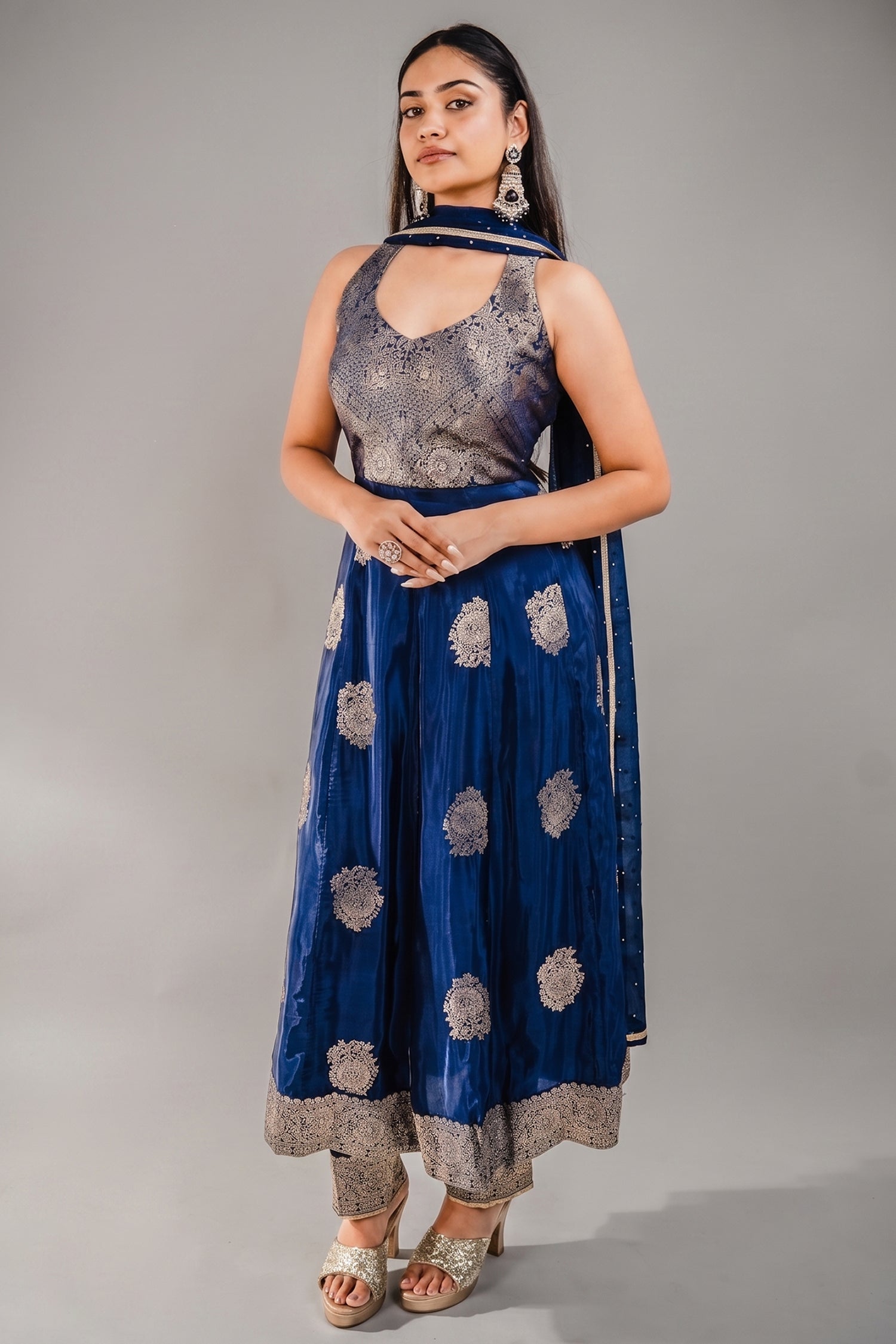Midnight Blue Chinon Silk Flared Fusion Dress with Traditional Metallic Weaving Layout Main image