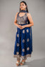 Midnight Blue Chinon Silk Flared Fusion Dress with Traditional Metallic Weaving Layout