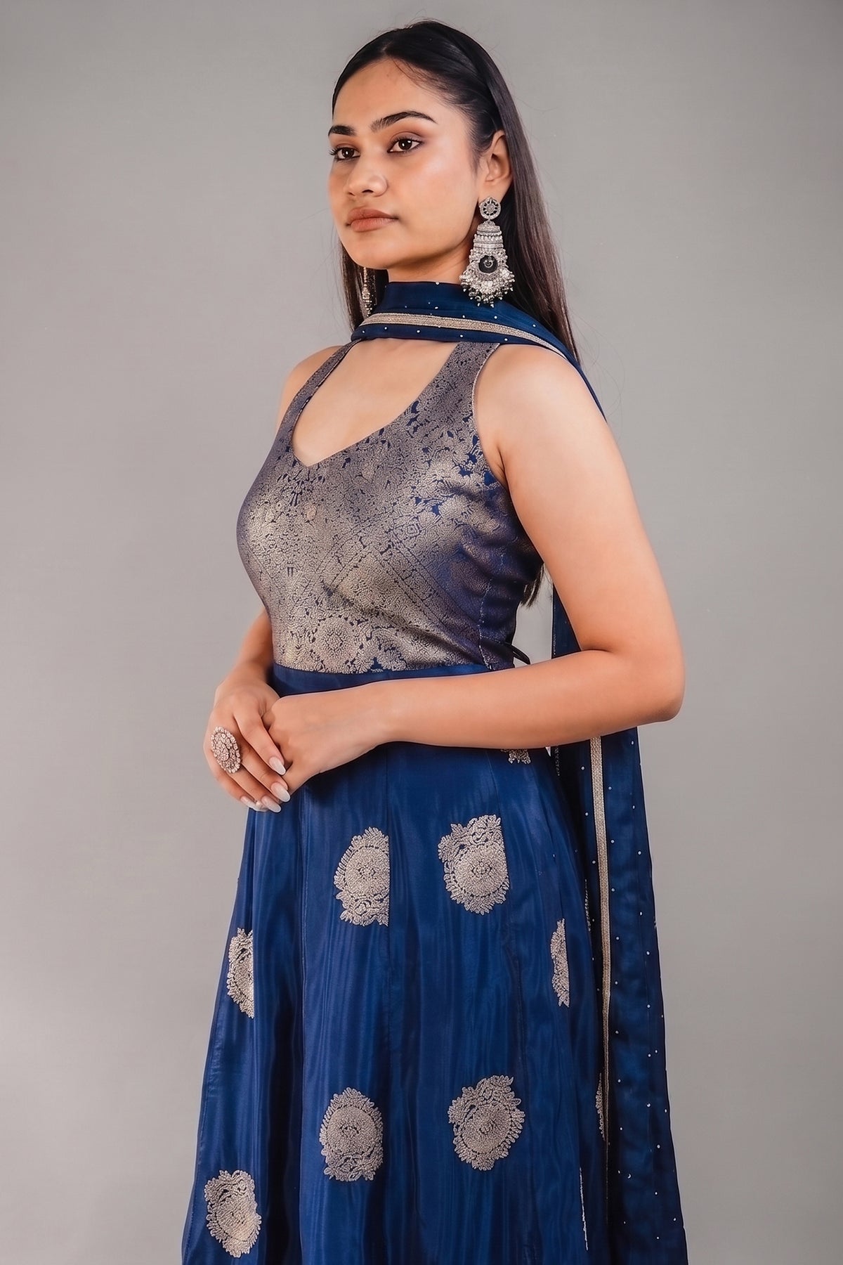 Midnight Blue Chinon Silk Flared Fusion Dress with Traditional Metallic Weaving Layout