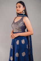 Midnight Blue Chinon Silk Flared Fusion Dress with Traditional Metallic Weaving Layout