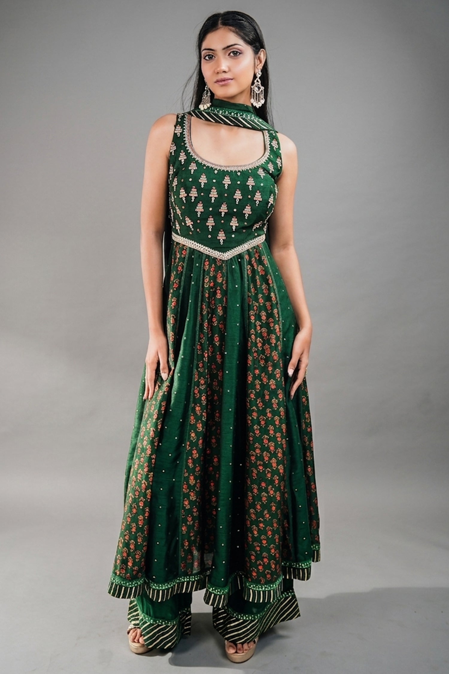 Forest Green Raw Silk Flared Anarkali Set with Floral Booti Print and Embroidery Work Main image