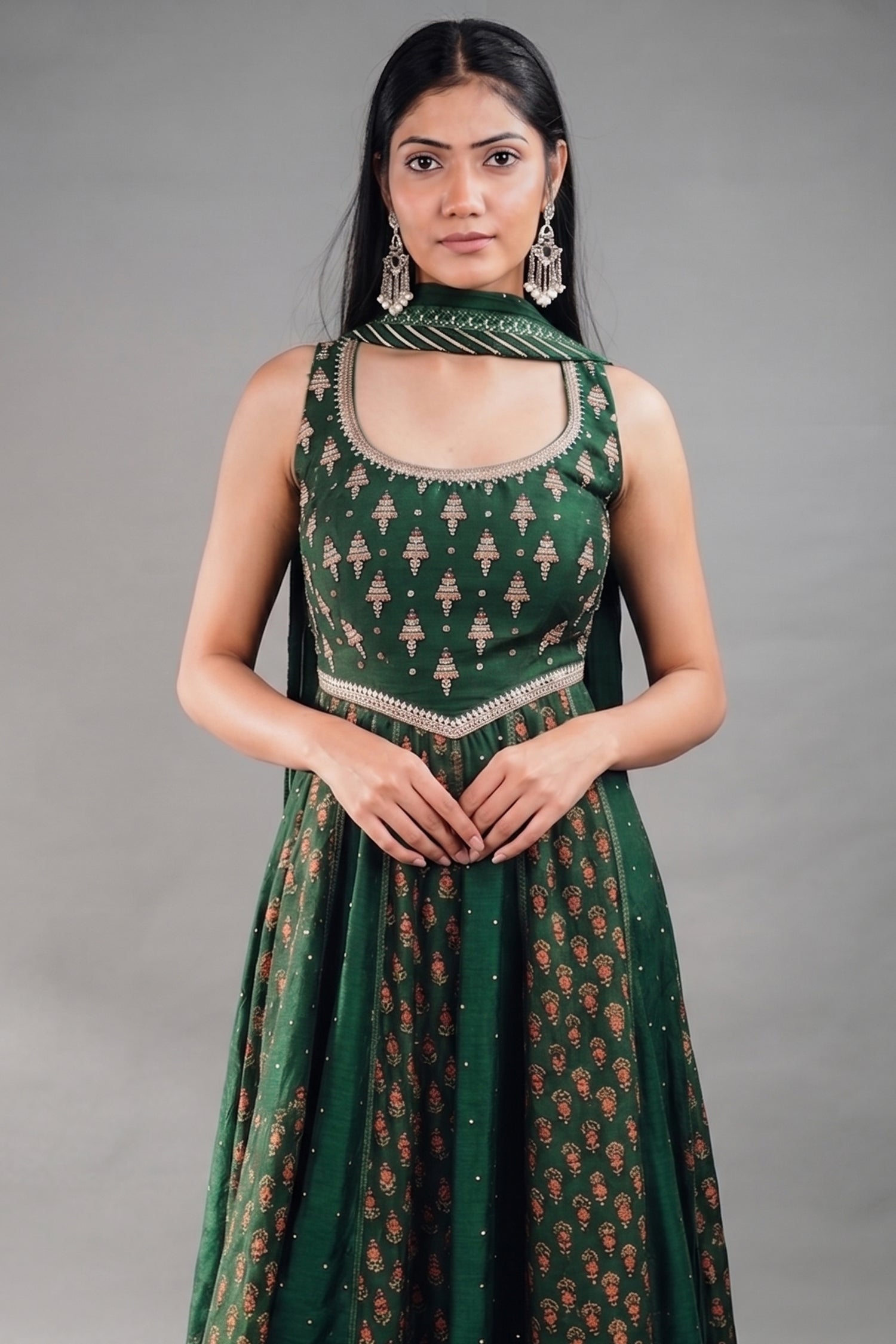Forest Green Raw Silk Flared Anarkali Set with Floral Booti Print and Embroidery Work Secondary image