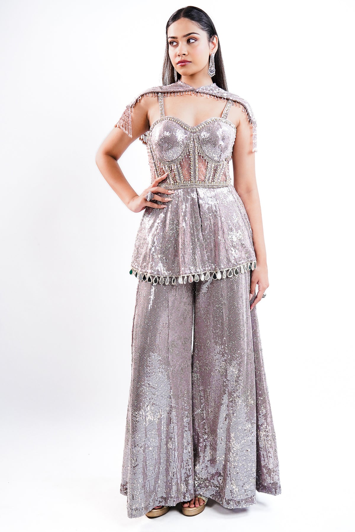 Orchid Mauve High-Density Sequin Sharara Set with Structured Bodice and Attached Fringed Drape