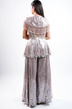 Orchid Mauve High-Density Sequin Sharara Set with Structured Bodice and Attached Fringed Drape