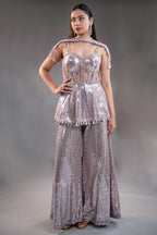 Orchid Mauve High-Density Sequin Sharara Set with Structured Bodice and Attached Fringed Drape
