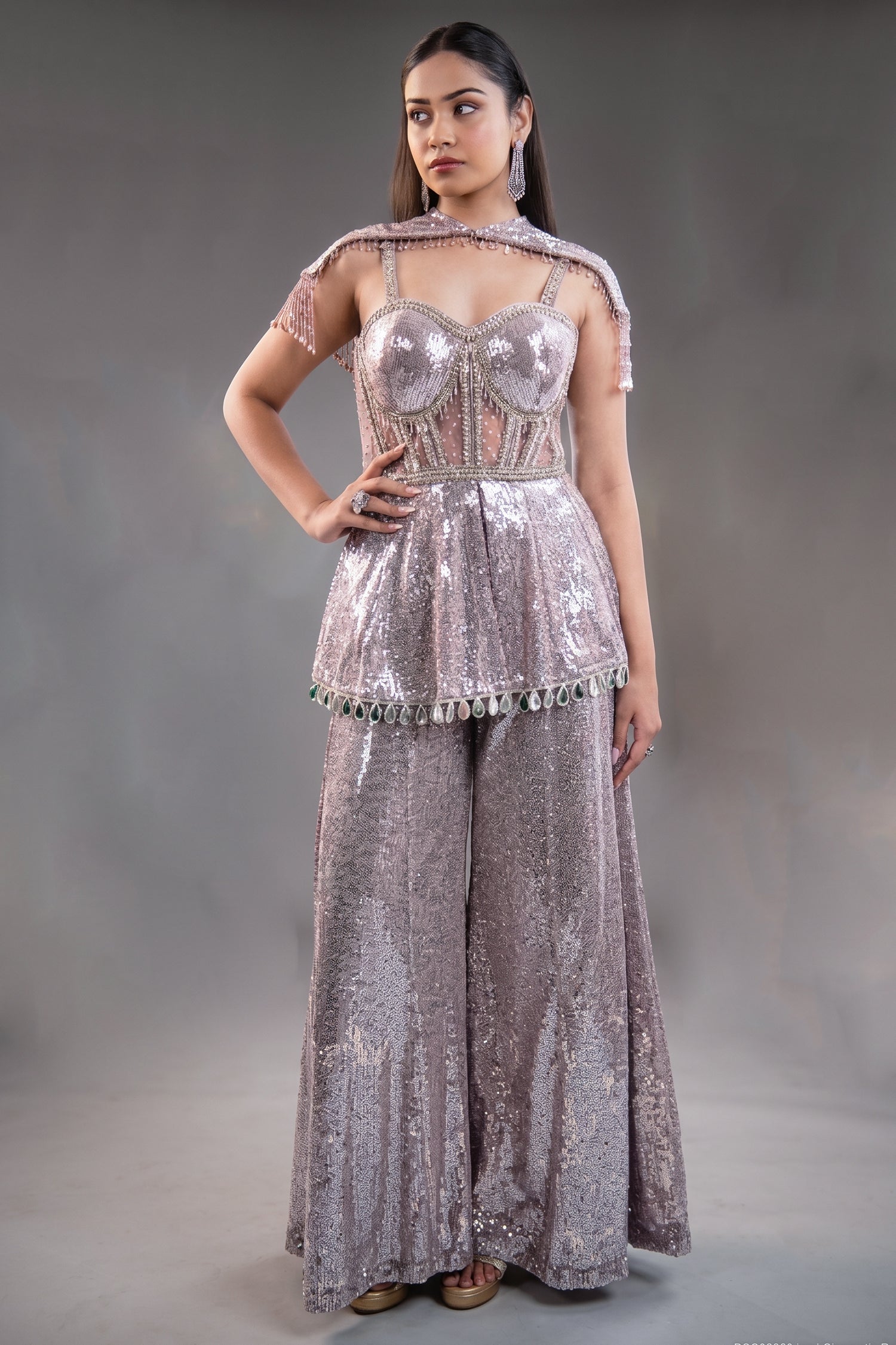 Orchid Mauve High-Density Sequin Sharara Set with Structured Bodice and Attached Fringed Drape