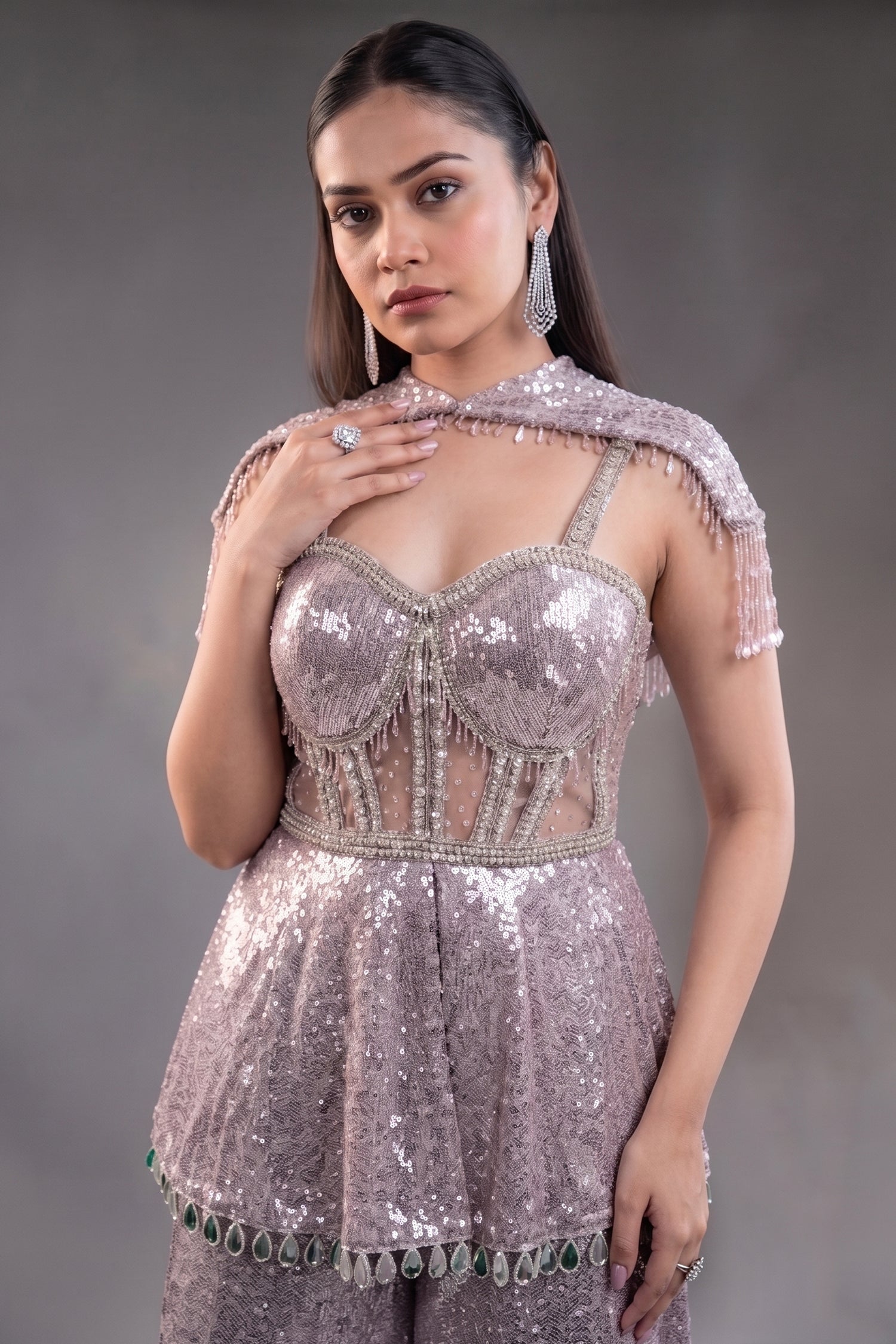 Orchid Mauve High-Density Sequin Sharara Set with Structured Bodice and Attached Fringed Drape Secondary image