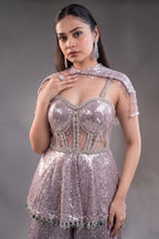 Orchid Mauve High-Density Sequin Sharara Set with Structured Bodice and Attached Fringed Drape