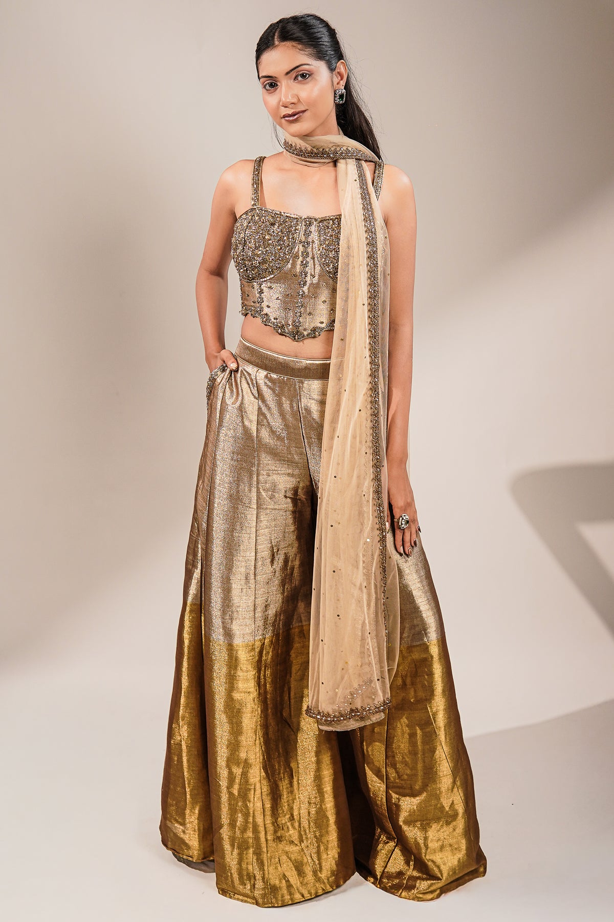 Champagne Gold Tissue Co-ord Set with Heavily Hand-Beaded Bustier and Fluid Sheer Dupatta