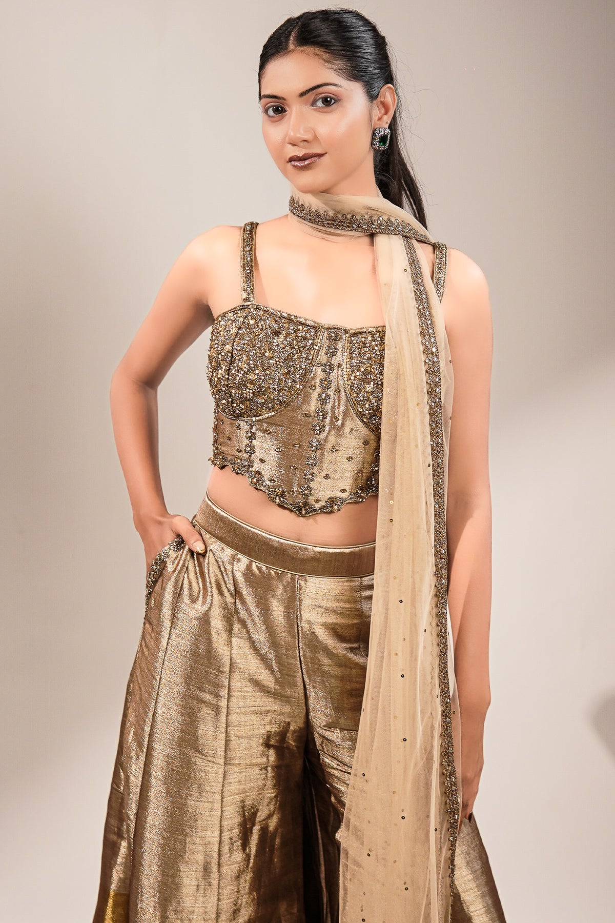 Champagne Gold Tissue Co-ord Set with Heavily Hand-Beaded Bustier and Fluid Sheer Dupatta