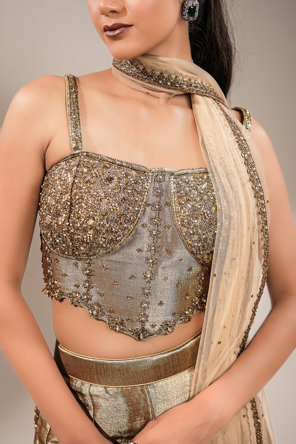 Champagne Gold Tissue Co-ord Set with Heavily Hand-Beaded Bustier and Fluid Sheer Dupatta